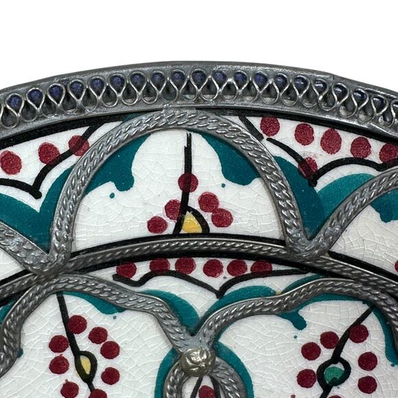 Vintage Moroccan Hand-Painted Shallow Bowl Nickel Detailing Handmade Wall Decor - Picture 5 of 10